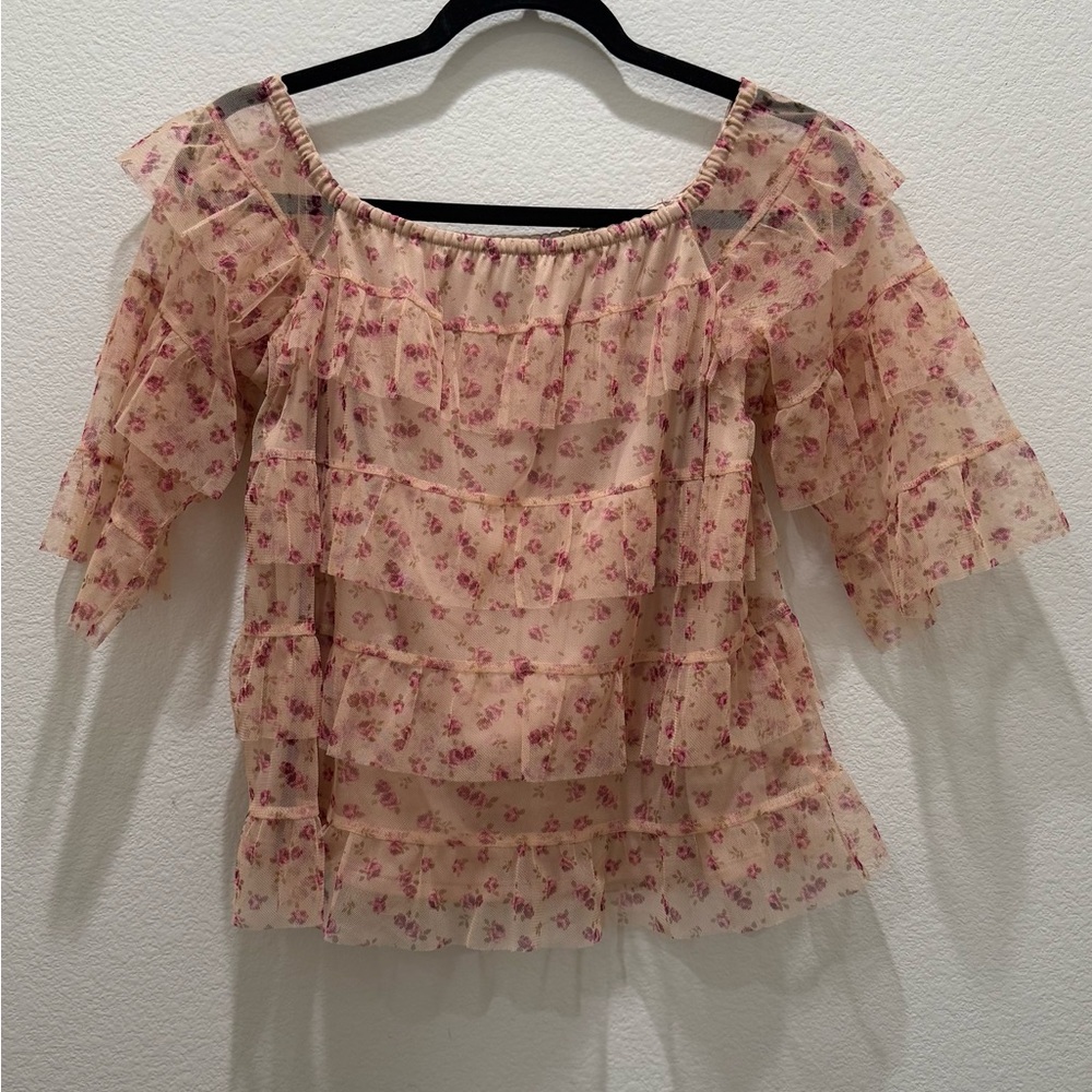 Express Pink Floral Off-Shoulder Ruffle Blouse - Picture 2 of 5
